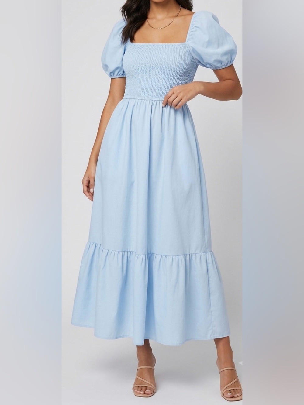 Smocked Bodice Maxi Dress in Light Blue with Puff Sleeves